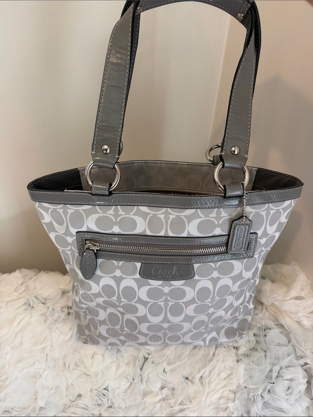 Coach Silver Gray Signature Canvas Tote with Gray Leather Trim